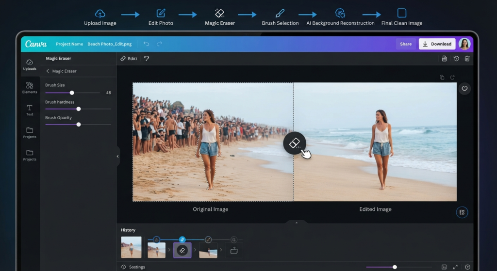 Canva AI Remove People Review: Can It Beat Photoshop for Faster and Better Photo Fixes? (2026) 2 Magic Eraser's Actual Feature Set